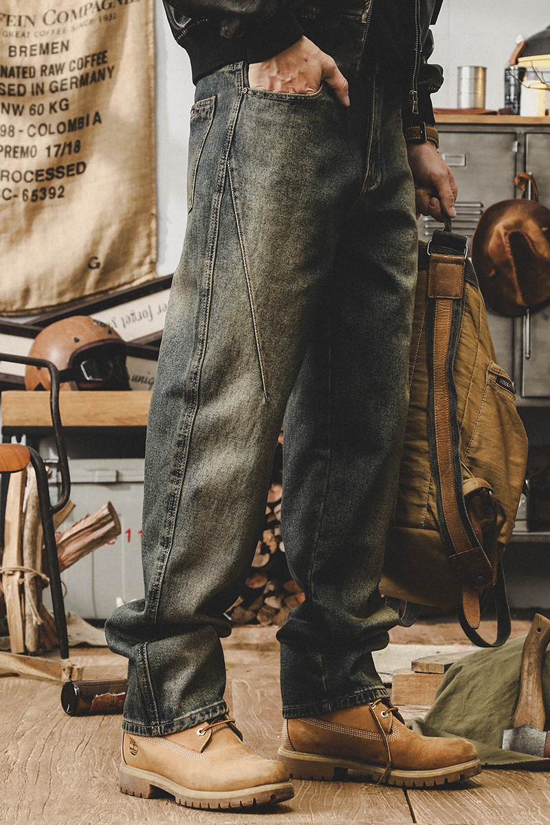 傑雷諾美式複古黃泥牛仔褲男款直筒潮牌百搭寬松水洗褲子男春秋款