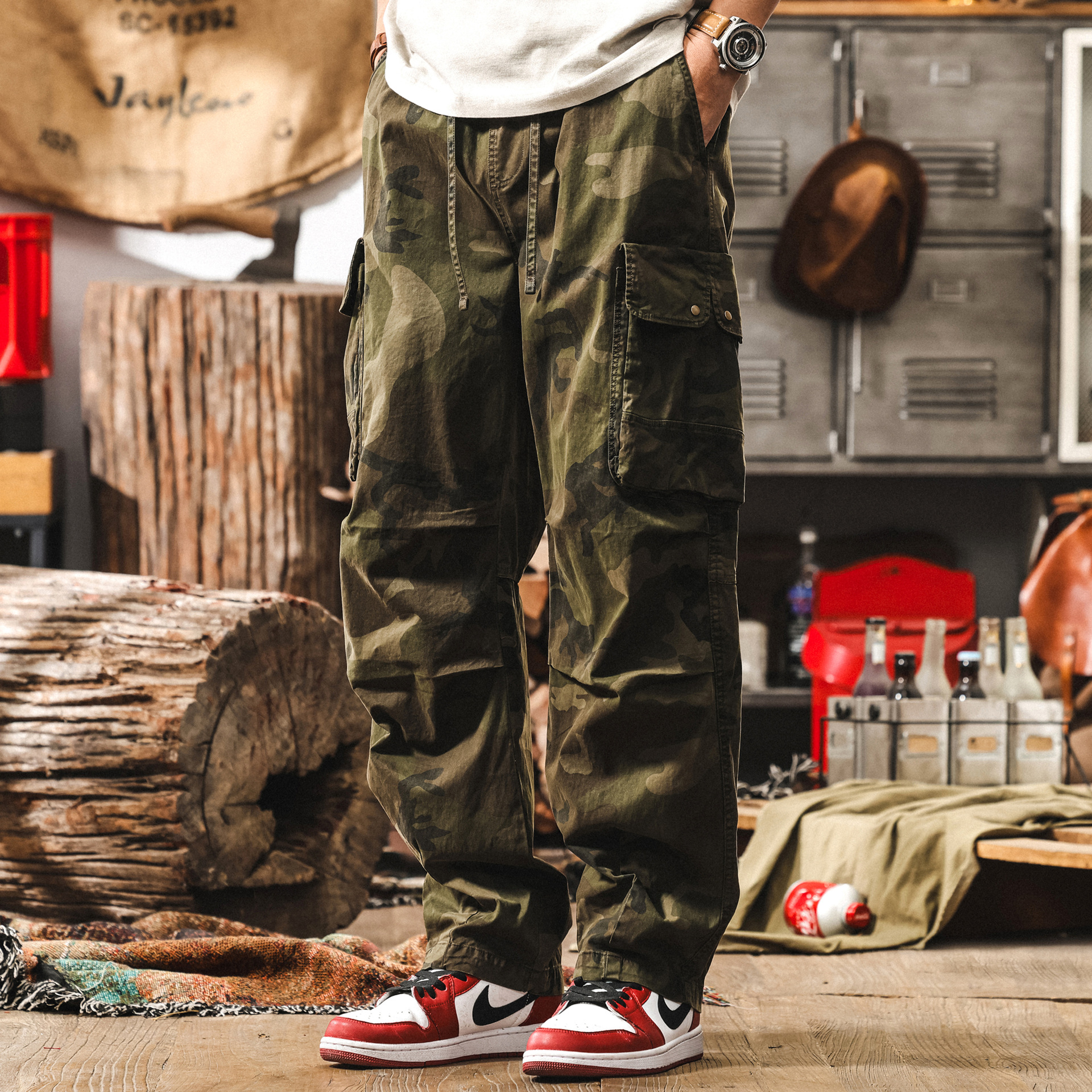 美式復古多口袋迷彩工裝褲子男夏季潮牌戶外戰術寬鬆直筒休閒長褲