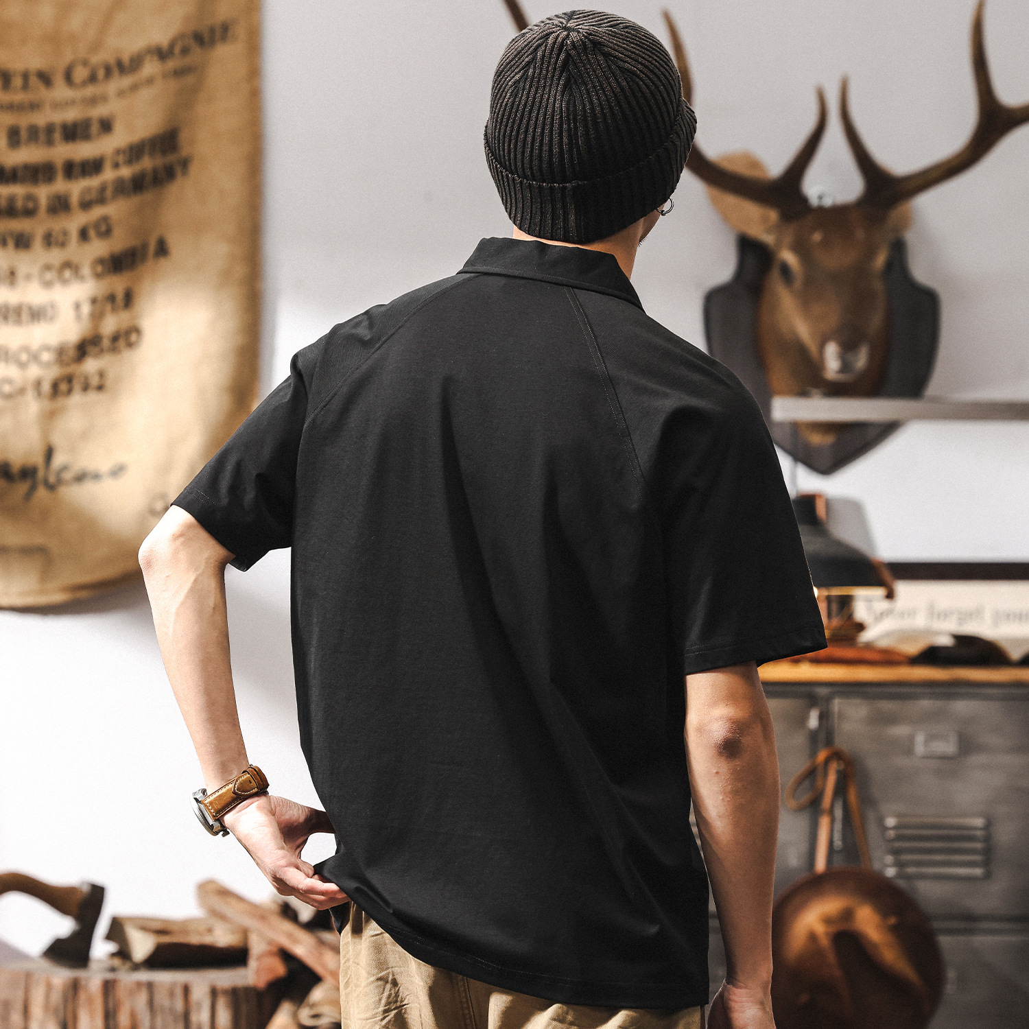 【彈力梭織】高端復古半拉鏈短袖男T恤夏季潮流百搭休閒POLO衫男T