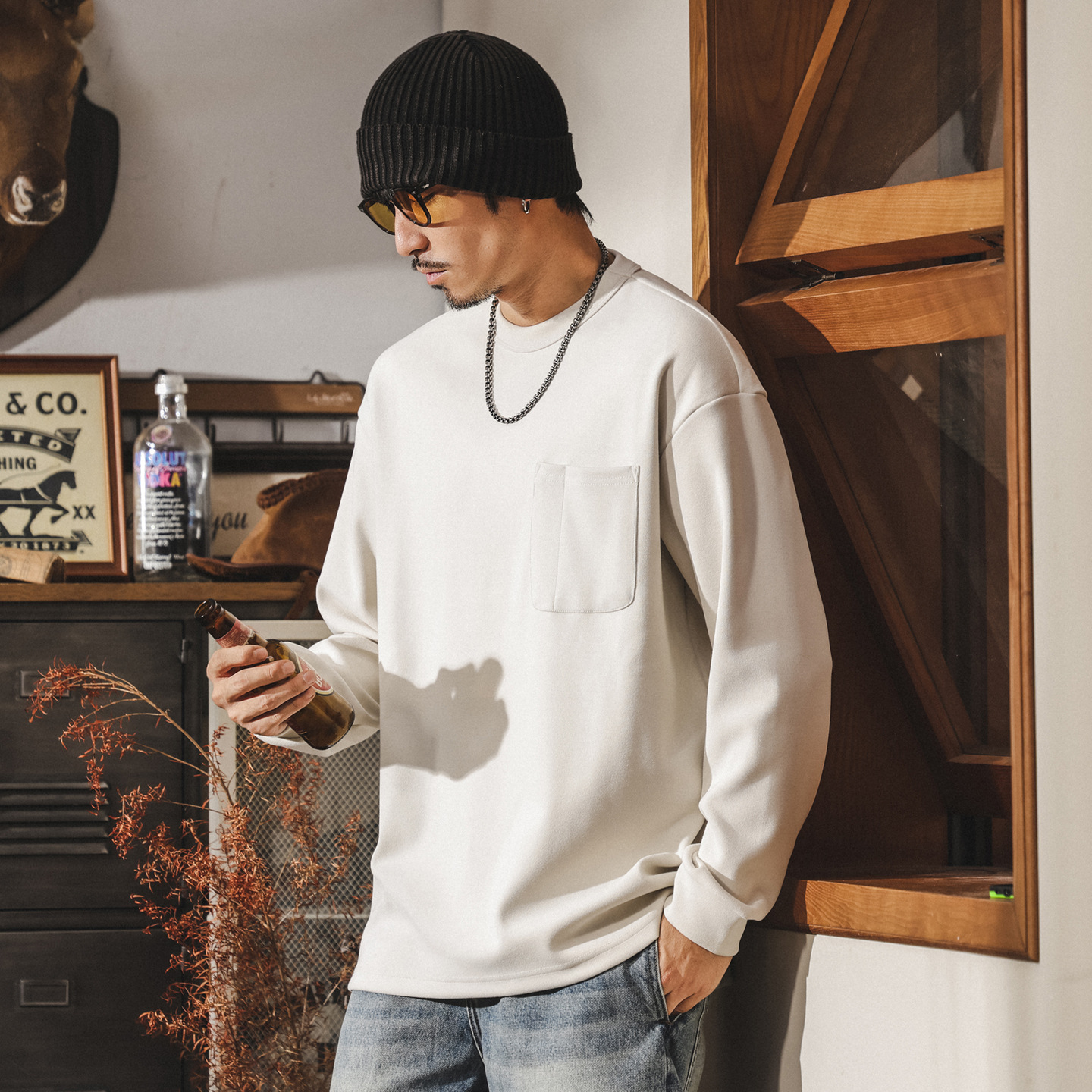 美式復古410g重磅賽爾絨衛衣男春秋新款寬鬆基礎純色內搭打底衫男