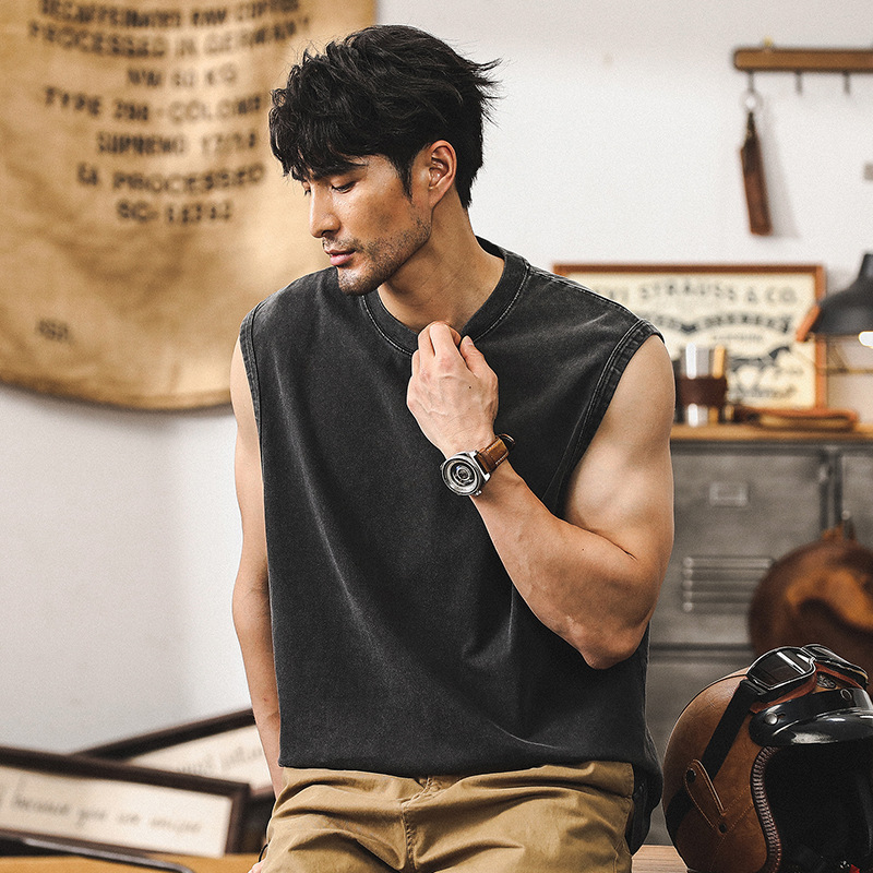 美式復古男士背心夏季寬鬆炒雪花水洗重磅T恤坎肩運動無袖上衣男T