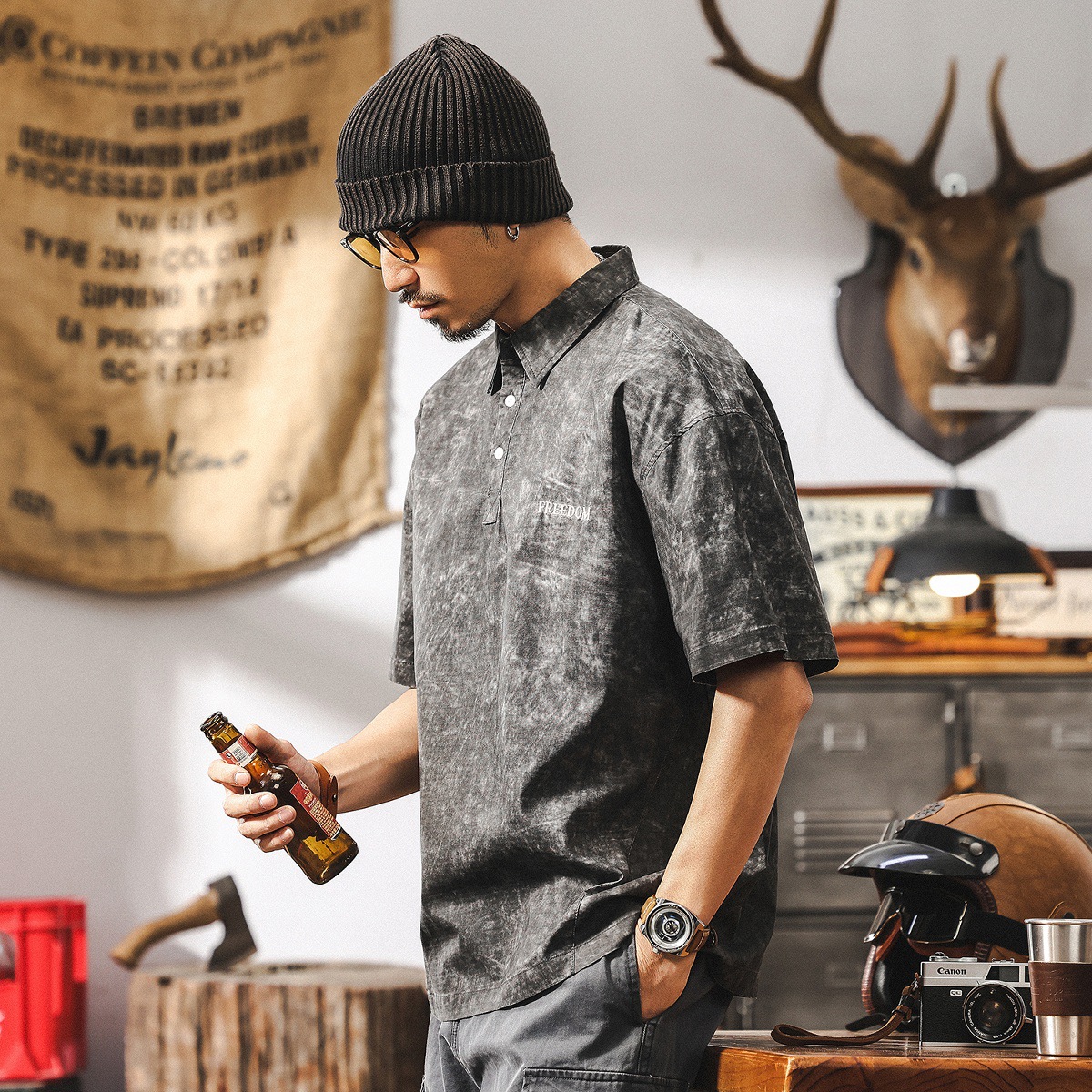 美式扎染水洗polo衫男夏季短袖潮牌高級感痞帥寬鬆刺繡翻領T恤男