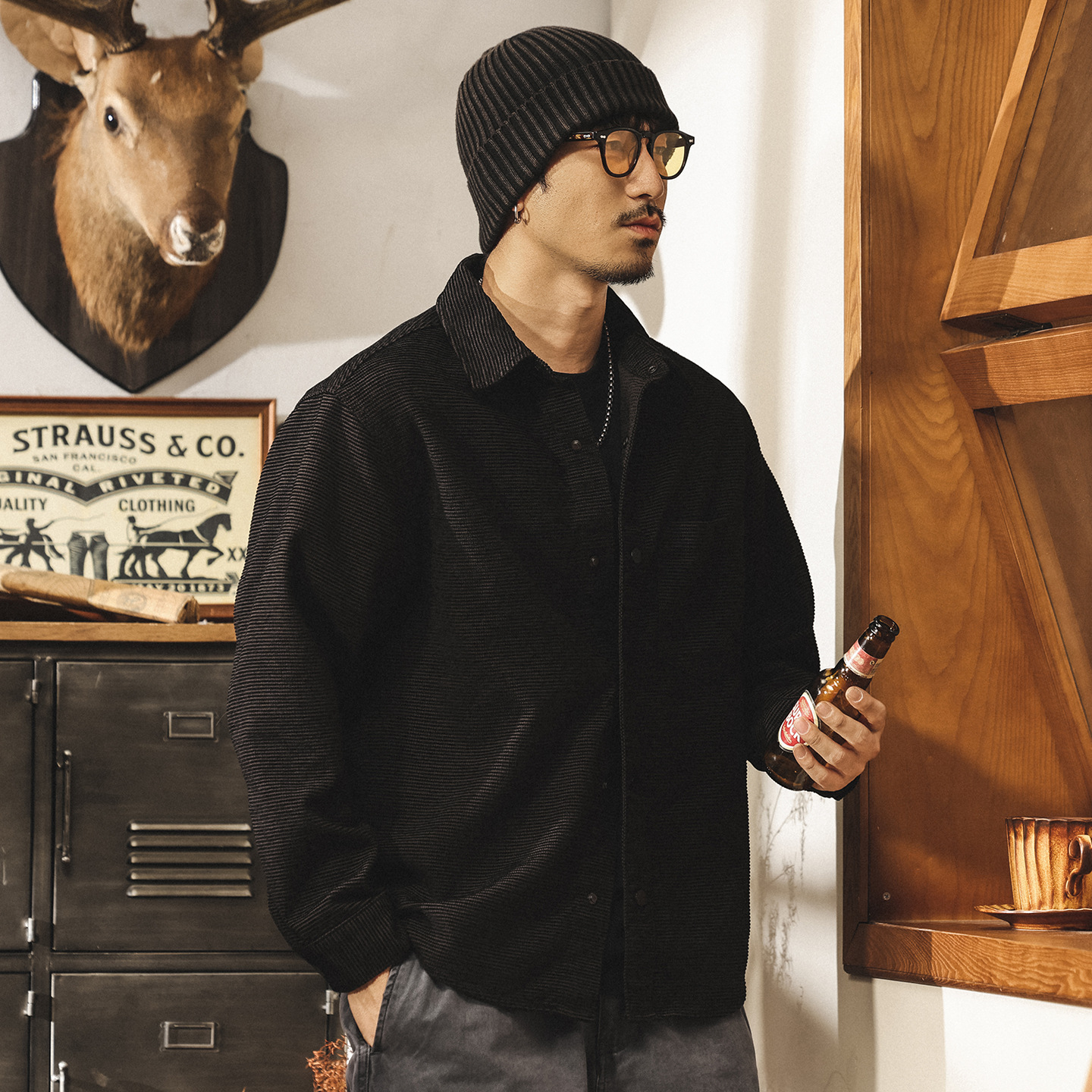 美式復古高級感雪尼爾提花條紋襯衫外套男春秋新款寬鬆休閒襯衣男