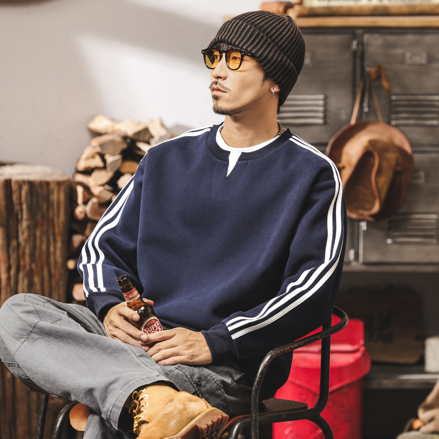 美式復古假兩件420g重磅衛衣男士春秋寬鬆2025新款三條槓男生上衣