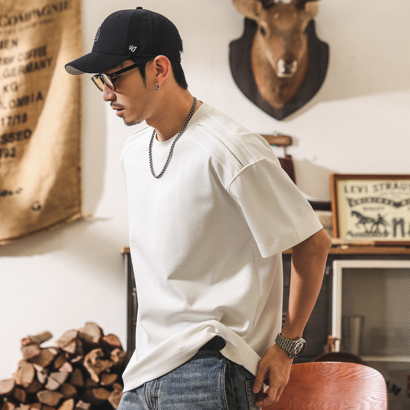 7A抗菌涼感果凍棉短袖T恤男夏季拼接解構潮流寬鬆休閒美式上衣男