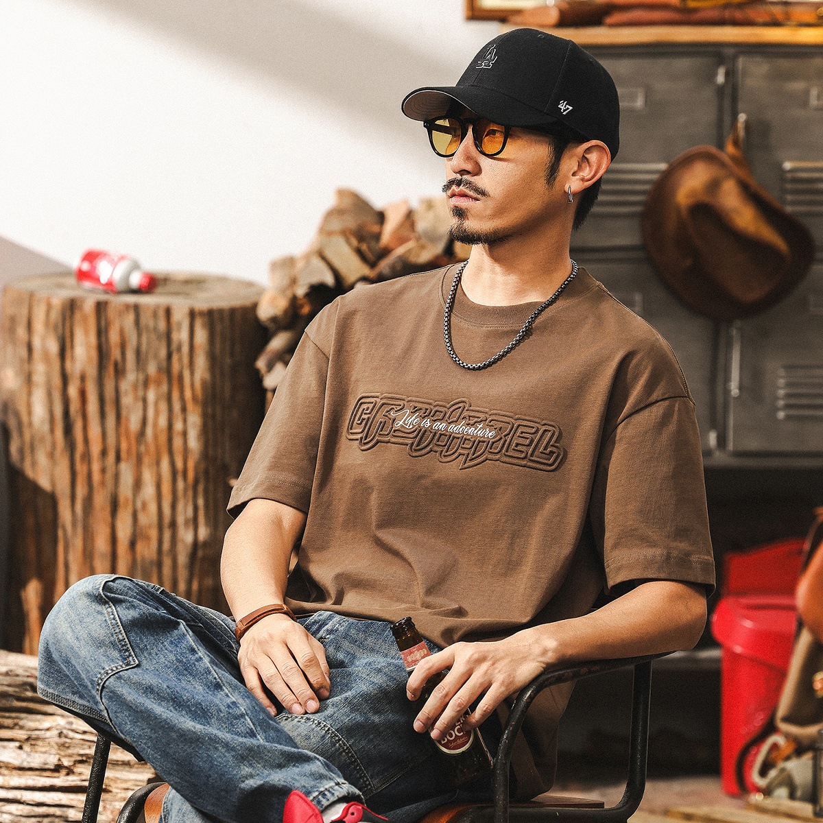 涼感科技重磅美式短袖男款夏季T恤潮牌立體鋼印寬鬆男士上衣