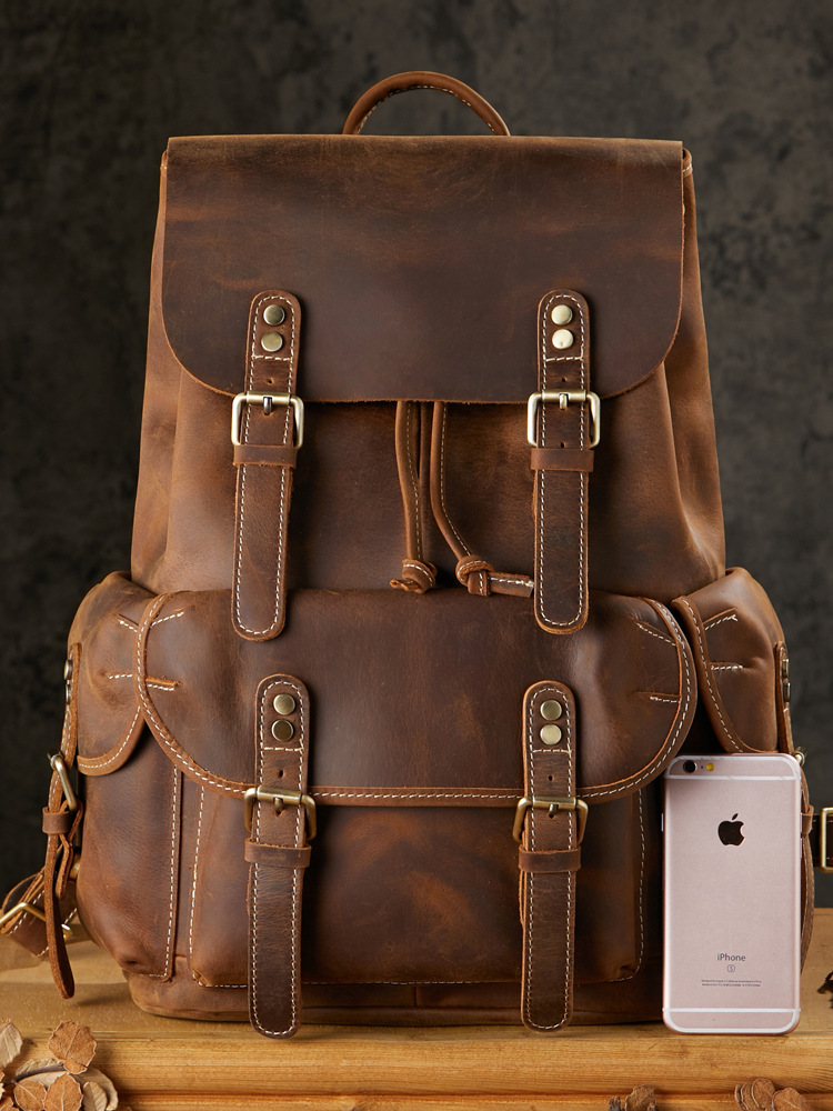 手工復古牛皮雙肩包男背包個性潮牌真皮男士學生潮流旅行休閒書包