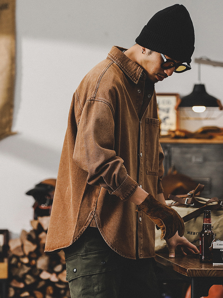 美式重磅長袖襯衫男寬鬆潮牌痞帥硬漢工裝夾克復古春季牛仔外套男