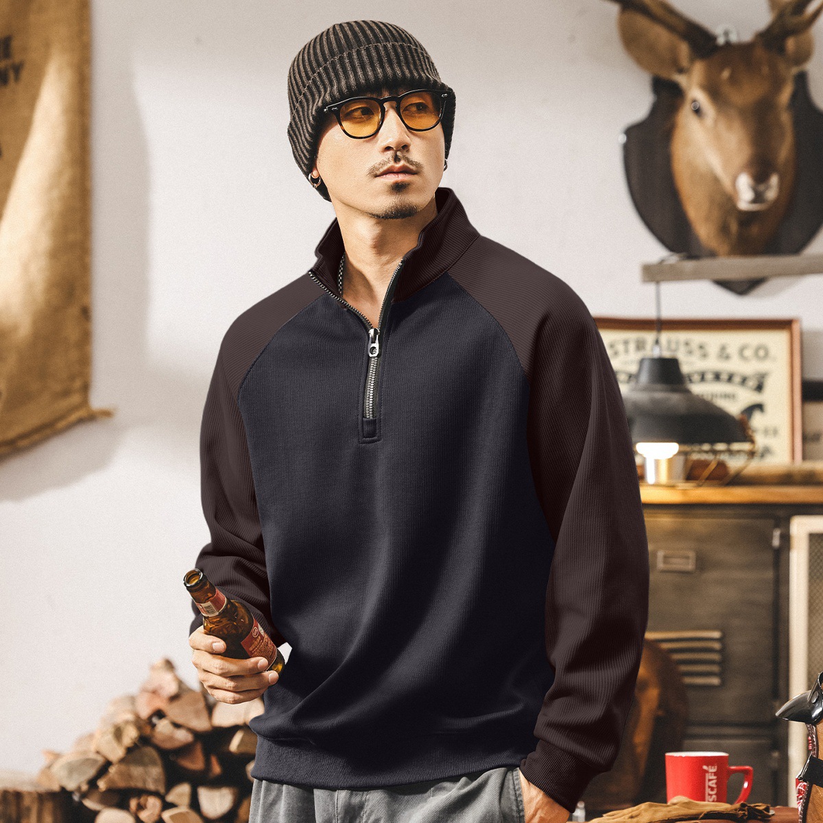 美式復古重磅拉鍊半高領衛衣男2025新款春秋潮牌撞色寬鬆休閒上衣