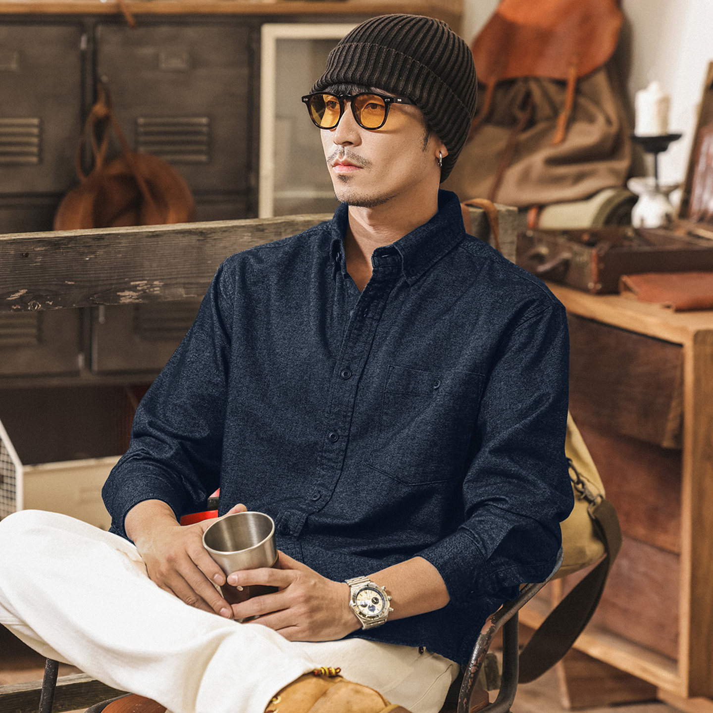 美式復古春季襯衫男長袖2026新款休閒潮牌寬鬆襯衣男春裝外套