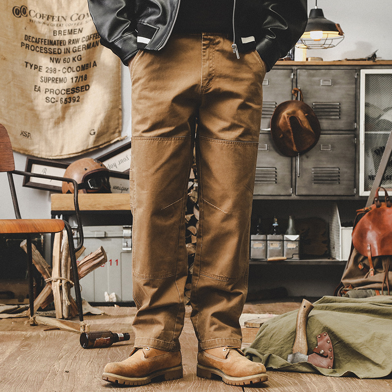 美式重磅複古工裝褲男直筒寬松2024新款雙膝伐木褲秋季休閑褲子男