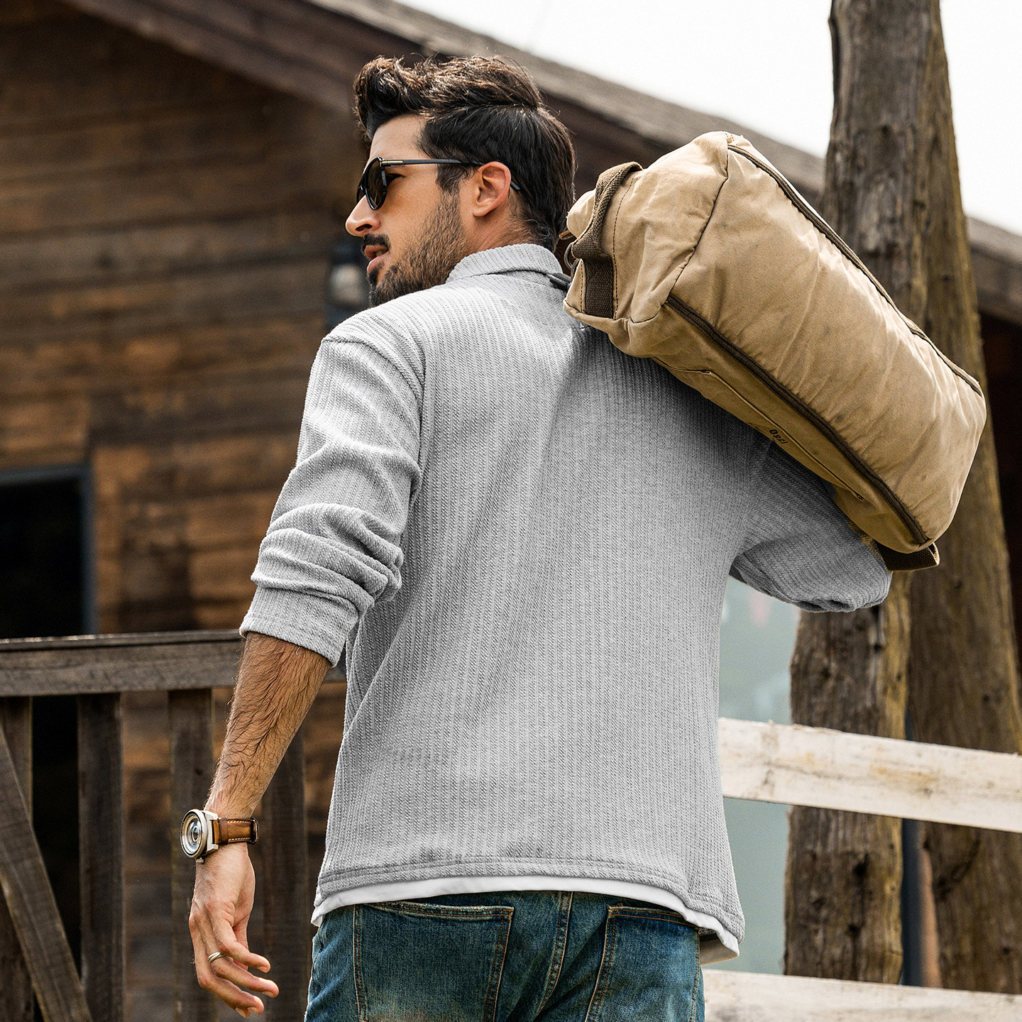 美式復古長袖Polo衫男春季新款提花針織重磅T恤潮流假兩件上衣男