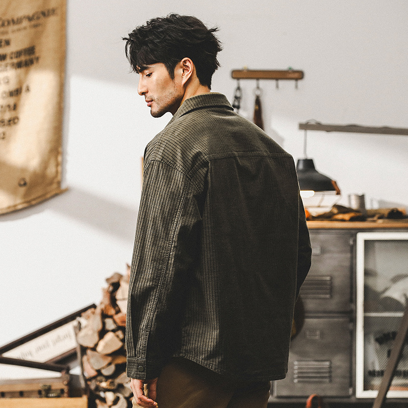 美式重磅復古長袖襯衫外套男春秋款潮牌寬鬆華夫格肌理秋季襯衣男