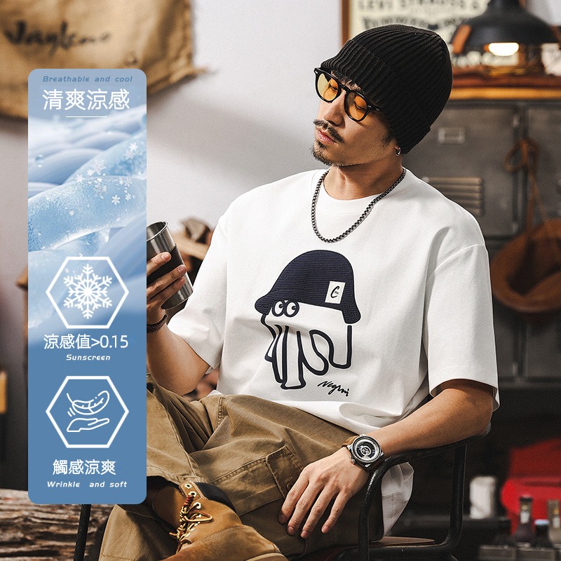 40支涼感科技短袖男夏季T恤2025新款潮牌立體絨面印花休閒上衣男T