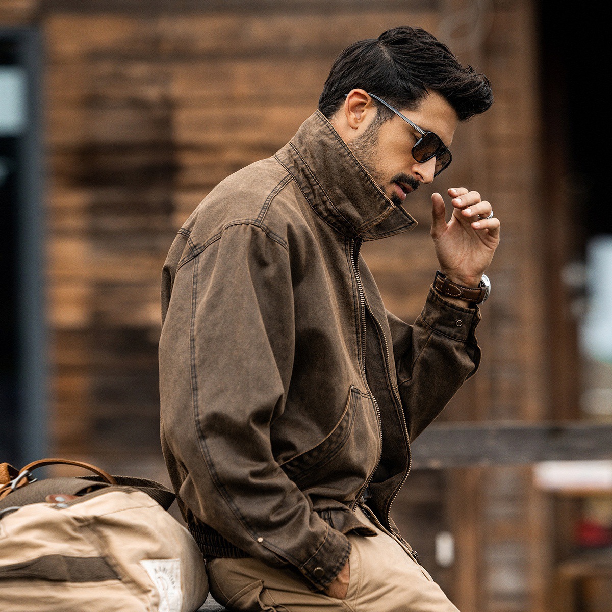 美拉德復古油蠟皮夾克男春季新款潮牌老炮工裝硬漢美式獵裝外套男