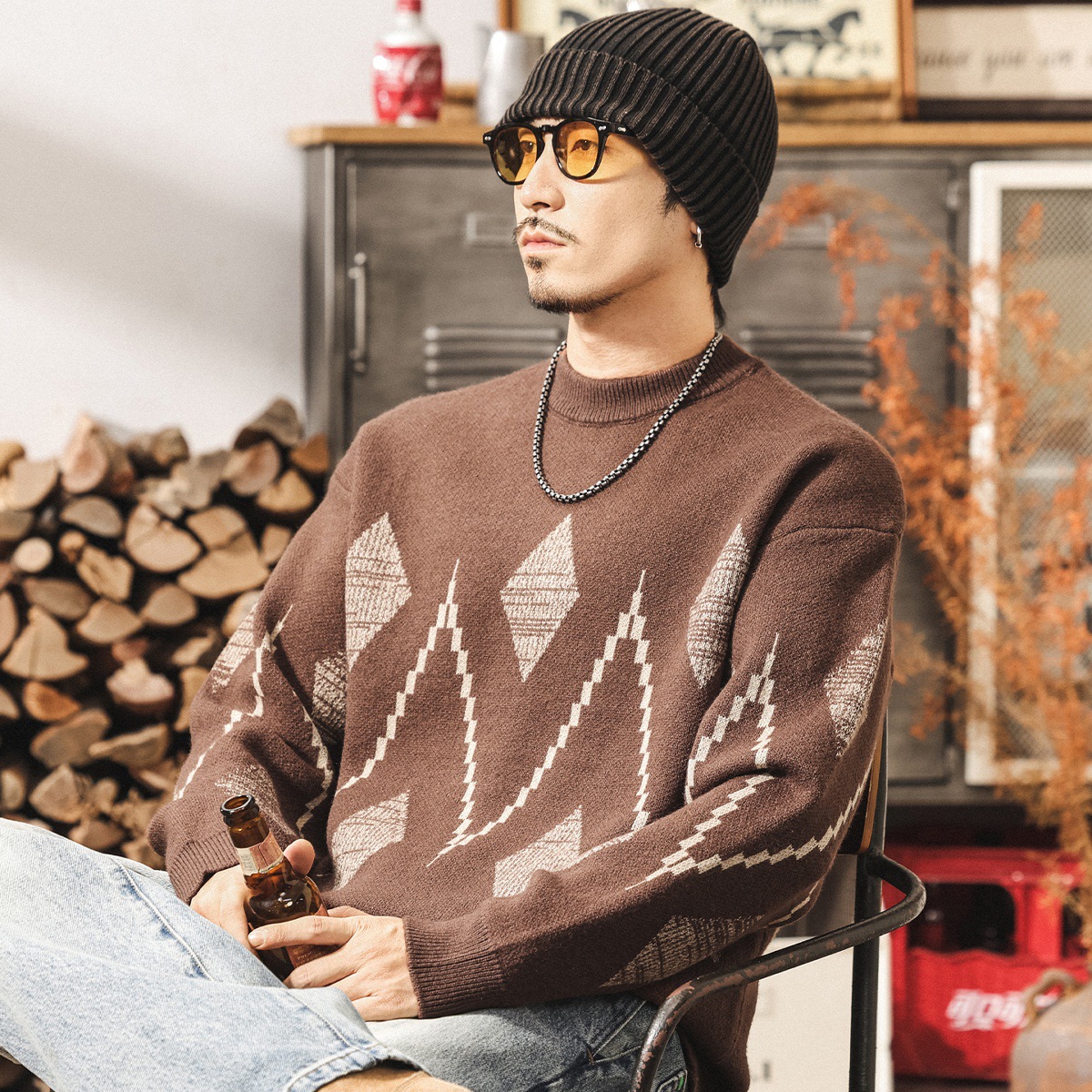 美式復古費爾島男士毛衣冬季加厚新款潮流民族風圓領針織衫上衣男