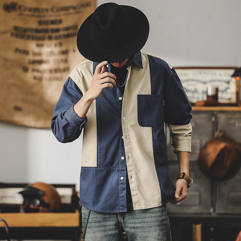 英倫風痞帥男裝復古襯衫男長袖美式潮牌撞色拼接高級感休閑襯衣男