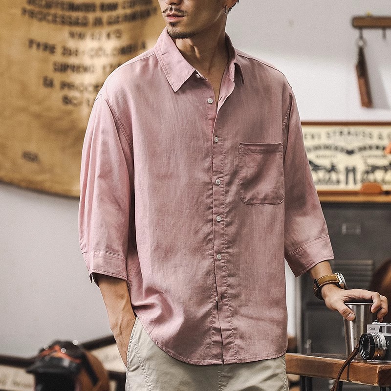 夏季新款中式國風亞麻襯衫男士短袖萊賽爾天絲薄款七分袖男士襯衣