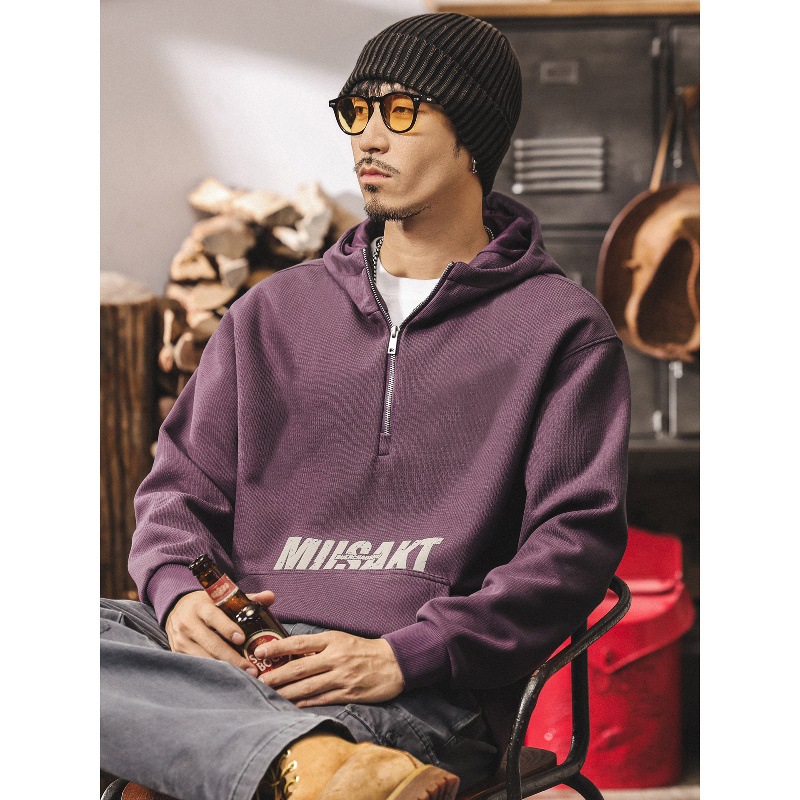 美式復古重磅半拉鍊衛衣男連帽春秋2025新款紫色潮流寬鬆外套秋季