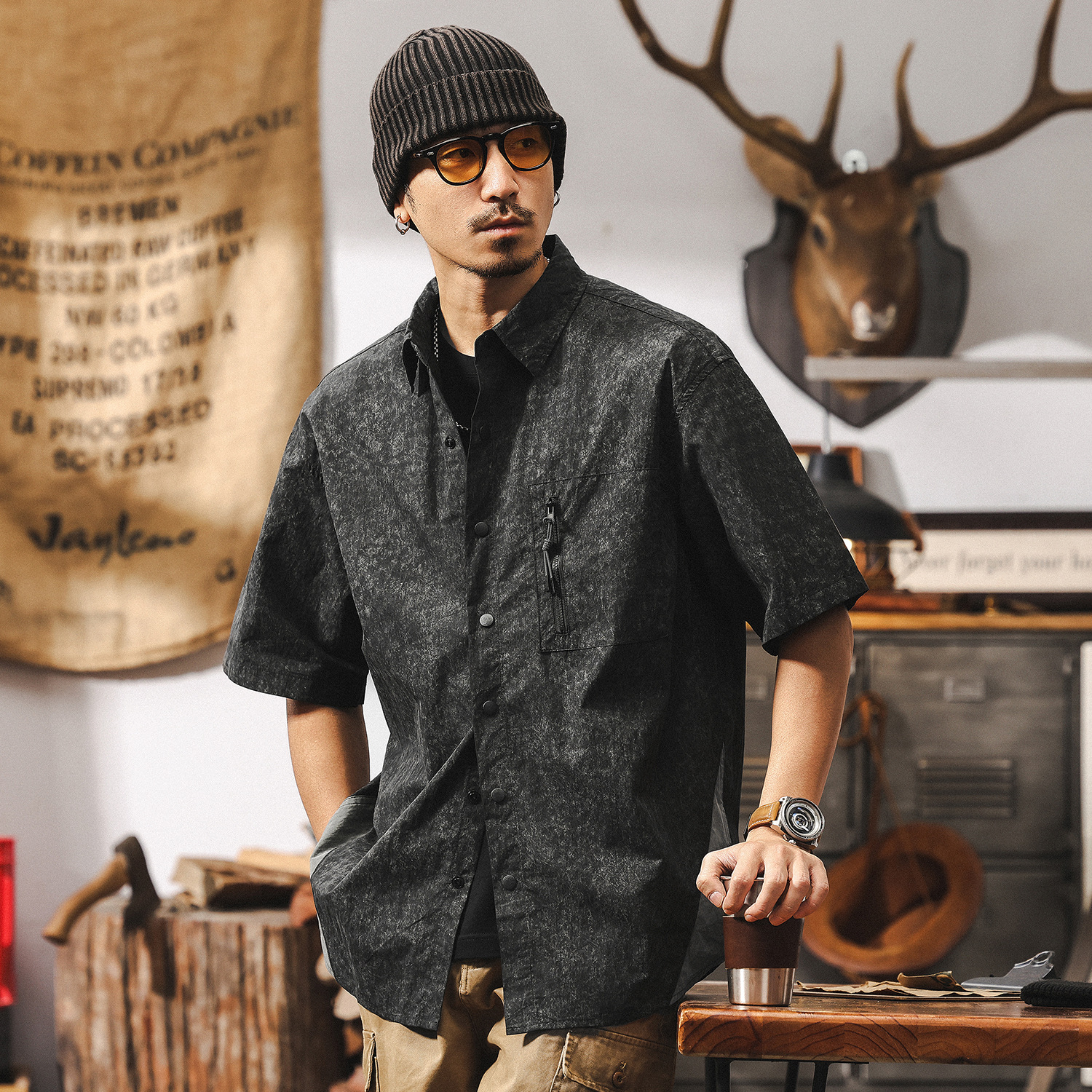 美式復古山系戶外薄款工裝短袖襯衫男夏季2025新款寬鬆休閒襯衣男