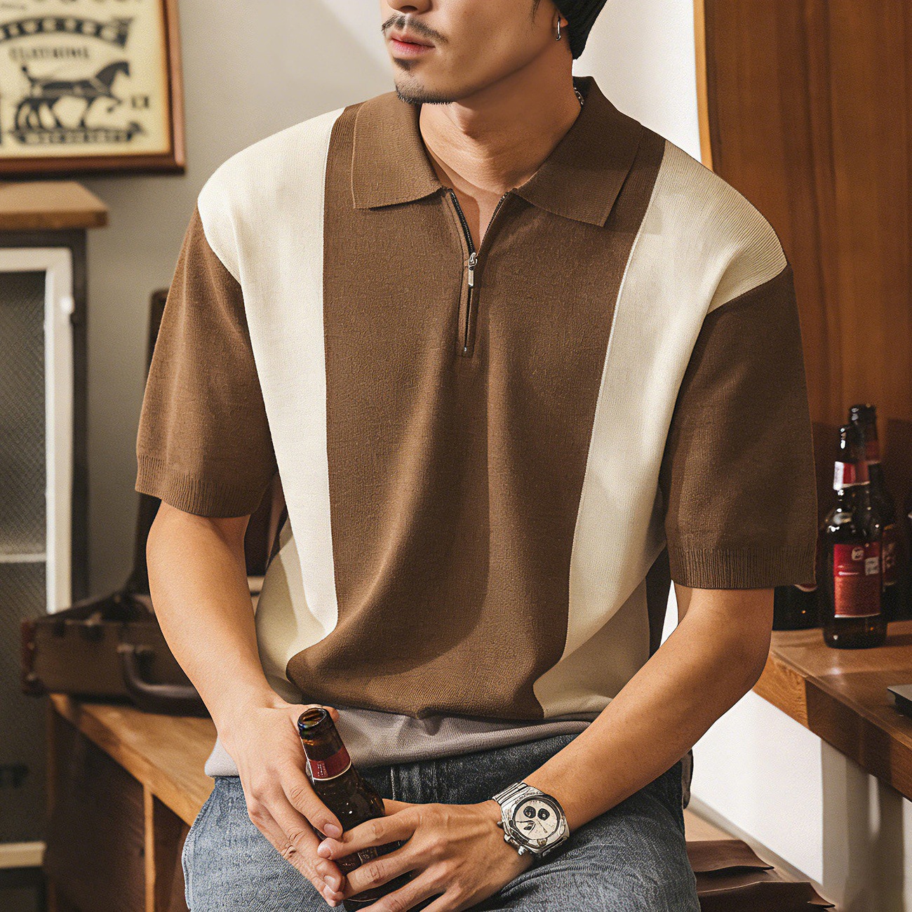 美式復古老錢風針織短袖POLO衫男夏季新款撞色半拉鍊寬鬆男士T恤