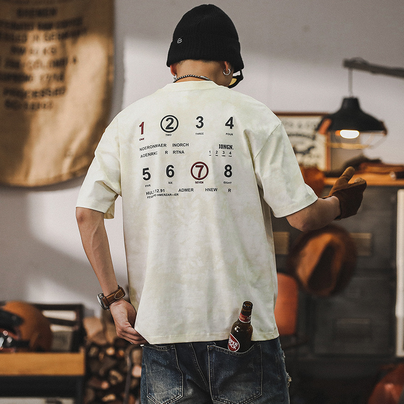 絨面發泡印花短袖男夏季美式潮牌T恤男2024新款男裝復古半袖上衣