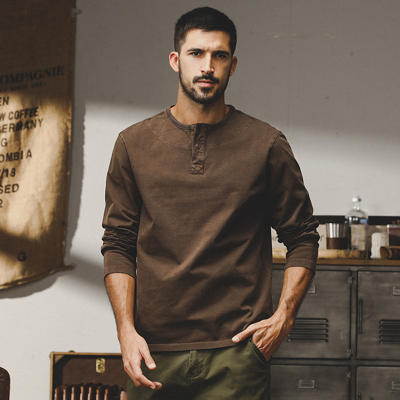 美式重磅復古衛衣男秋冬款潮牌寬鬆大碼水洗做舊打底亨利杉男