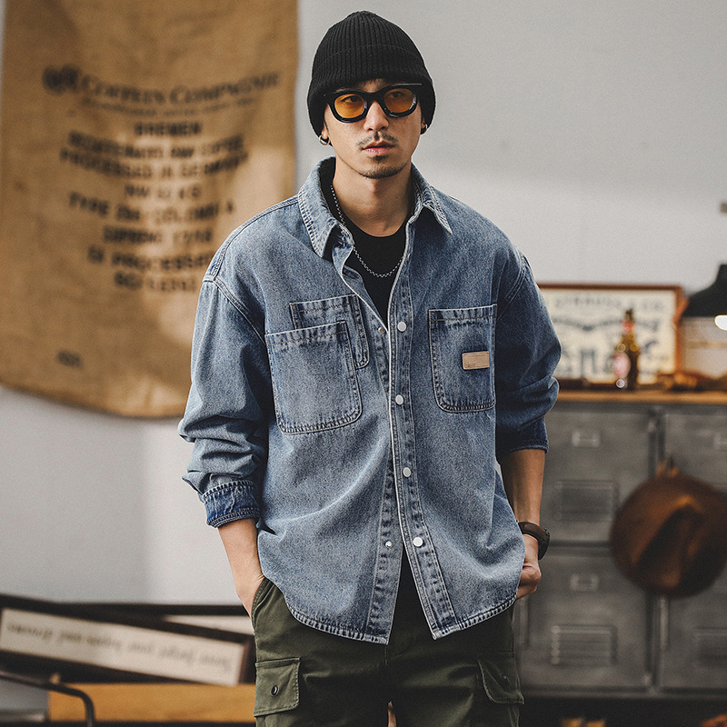 美式牛仔襯衫男長袖寬鬆潮牌經典工裝夾克男春季新款男士休閒外套