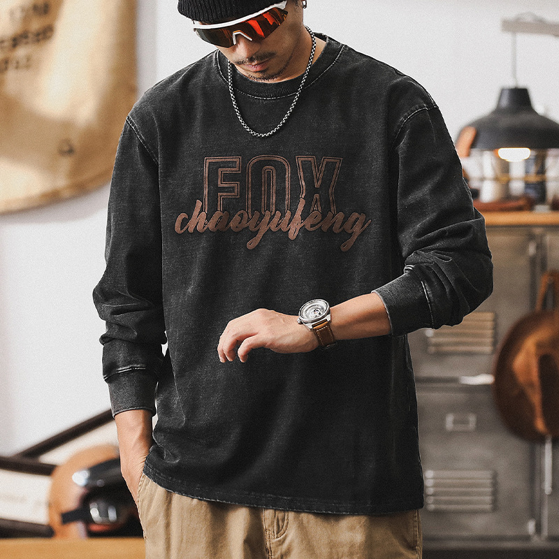 美式重磅複古長袖T恤男秋季炒砂水洗上衣潮2024新款寬松男裝