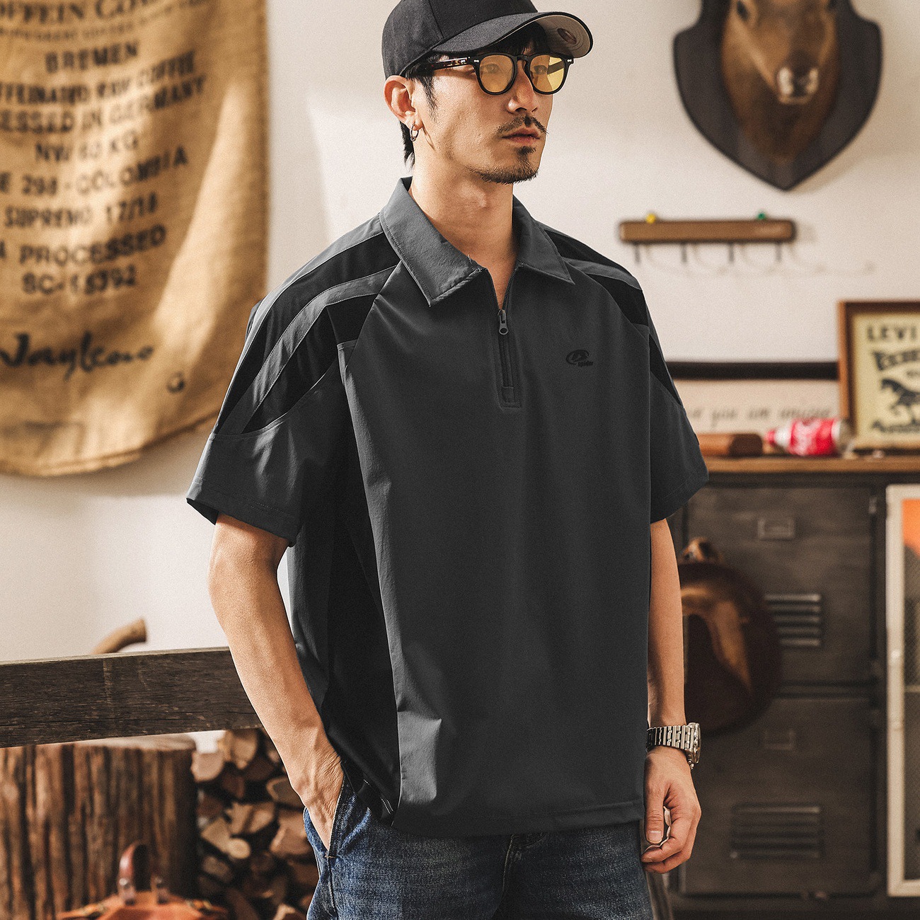 美式復古半拉鍊短袖Polo衫男夏季2026新款潮牌戶外通勤寬鬆T恤男