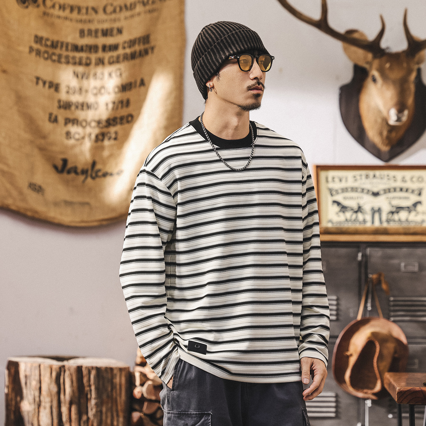 美式復古280g重磅長袖t恤男秋季新款寬鬆潮牌條紋海魂衫男裝上衣