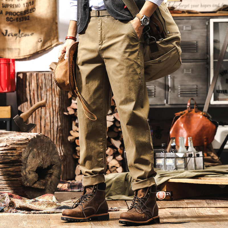 美式復古卡其色工裝褲子男秋季新款休閒褲潮牌寬鬆直筒百搭長褲