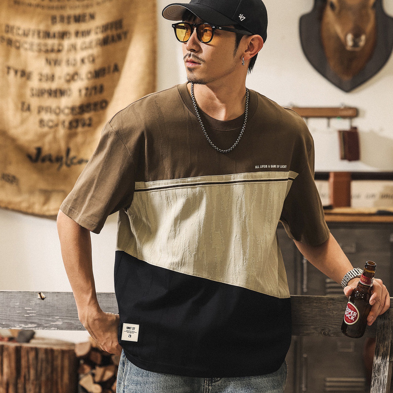 美式復古拼接提花T恤男夏季新款潮流男裝短袖寬鬆休閒上衣男T潮流