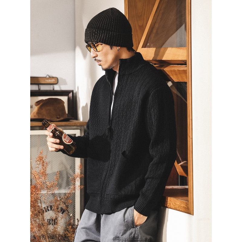 美式復古慵懶風立領開衫毛衣男春秋新款寬鬆拉鍊針織衫外套男秋冬
