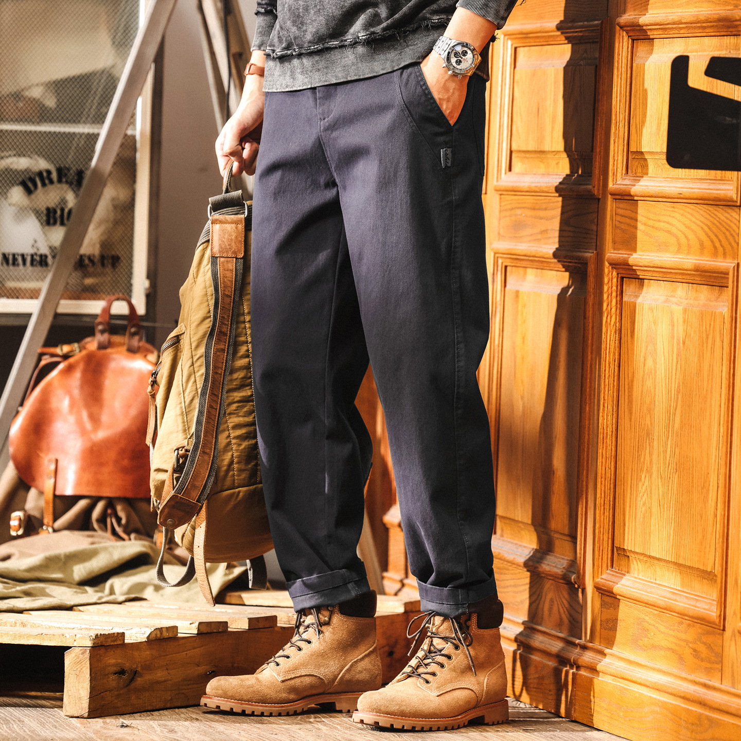 美式復古灰色工裝褲子男2025新款簡約百搭男士休閒褲寬鬆直筒長褲