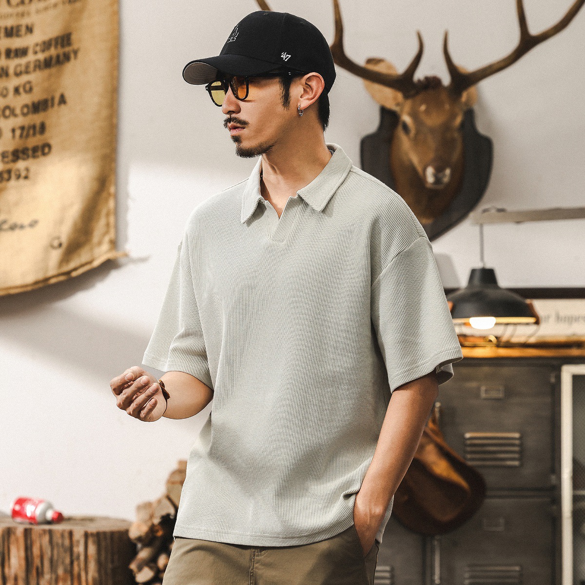 美式經典復古海鷗領Polo衫男夏季潮牌寬鬆基礎高級感男士短袖T恤