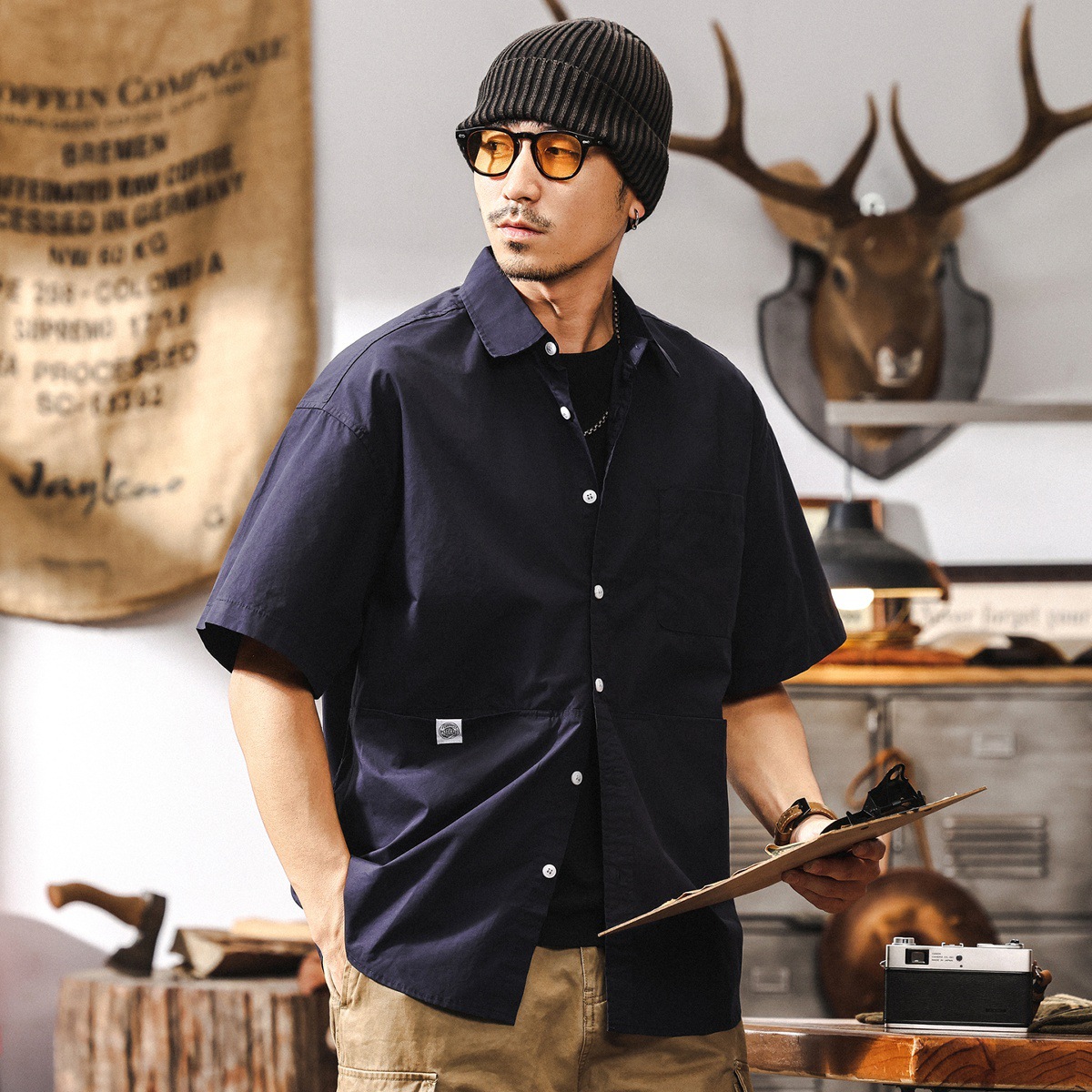 美式復古男士短袖襯衫夏季新款長絨棉寬鬆日系簡約襯衣外套男