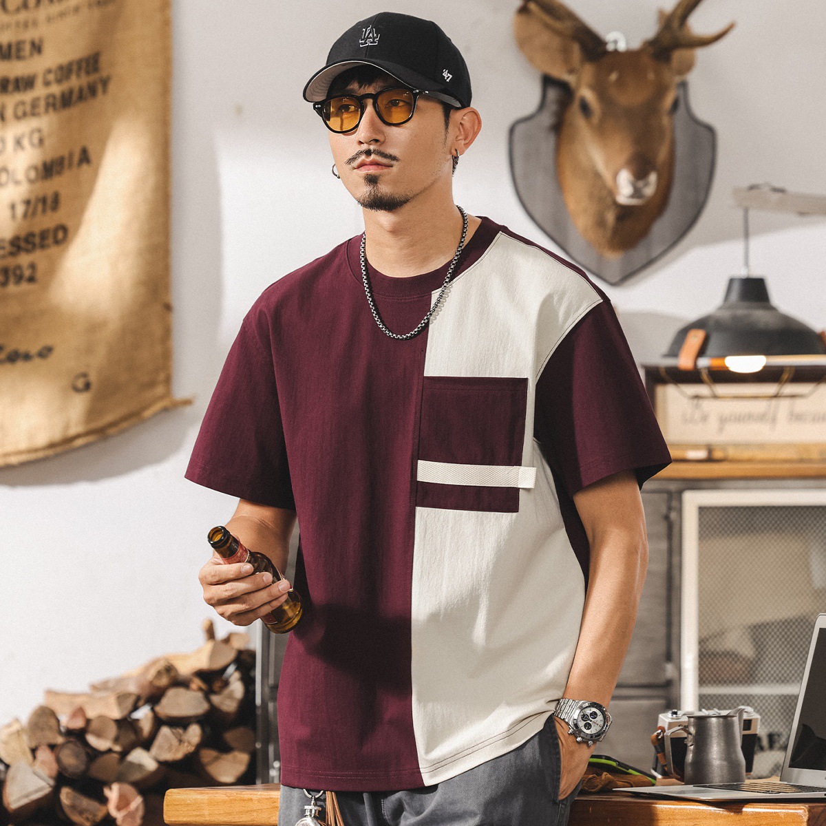 夏季新款T恤男短袖2025潮牌美式復古拼色寬鬆半袖男生體恤上衣潮T