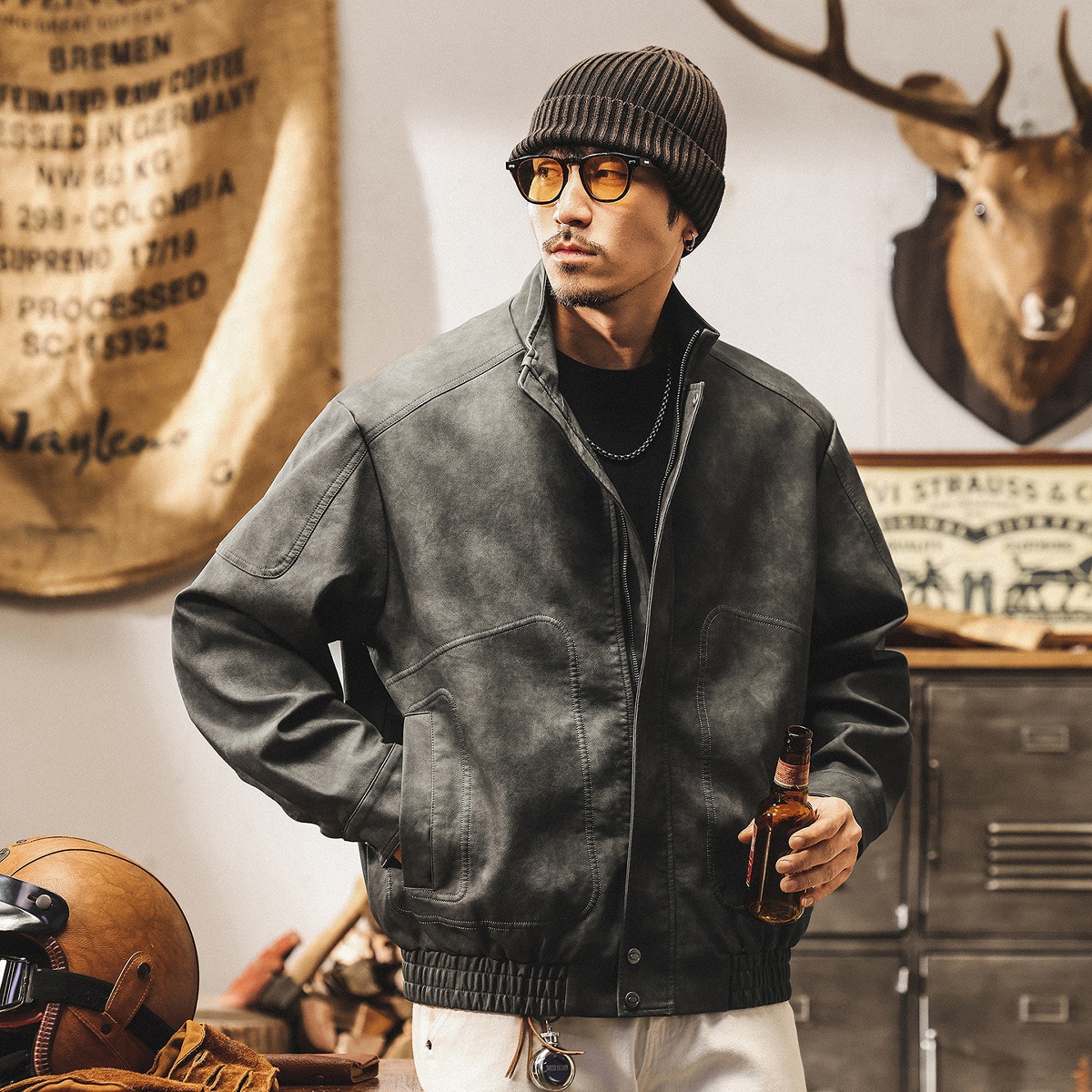 美式復古髒染啞光PU皮衣外套男春秋新款痞帥潮流機車立領皮夾克男