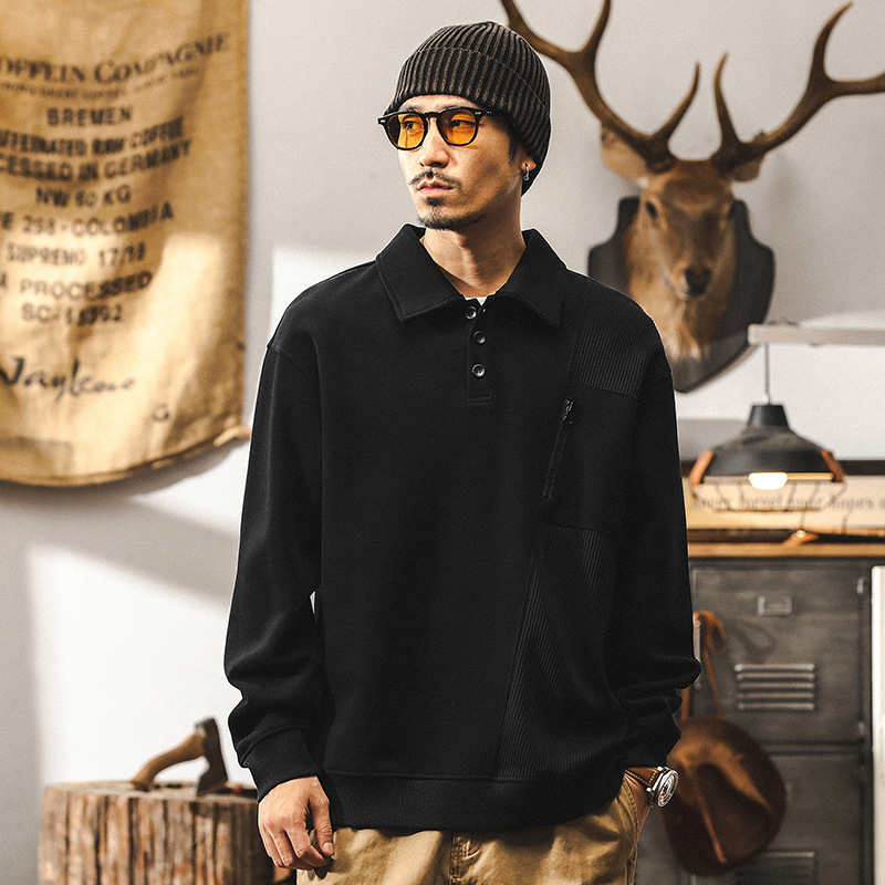 美式復古350g重磅針織衛衣男秋季潮流痞帥設計感軟磨拼接POLO衫男