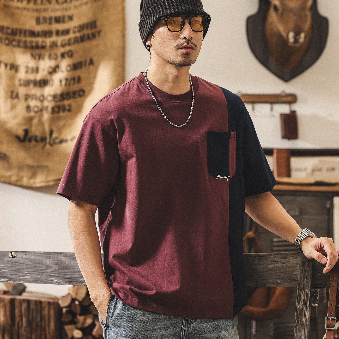 美式復古拼接撞色短袖男夏季新款250g重磅T恤男潮流寬鬆上衣