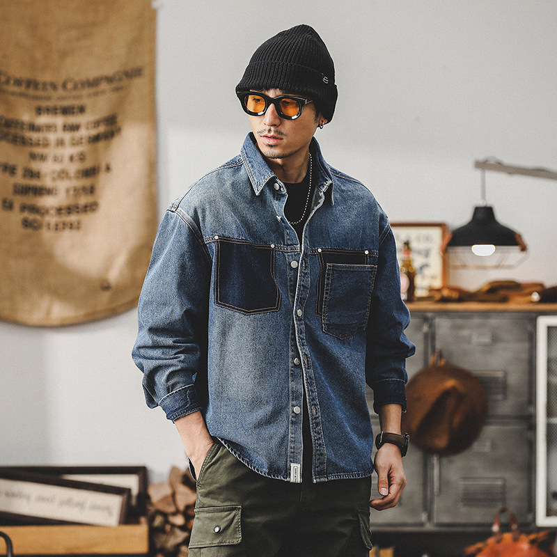 春季新款牛仔外套男春秋款潮牌高級感痞帥工裝夾克設計款長袖襯衫