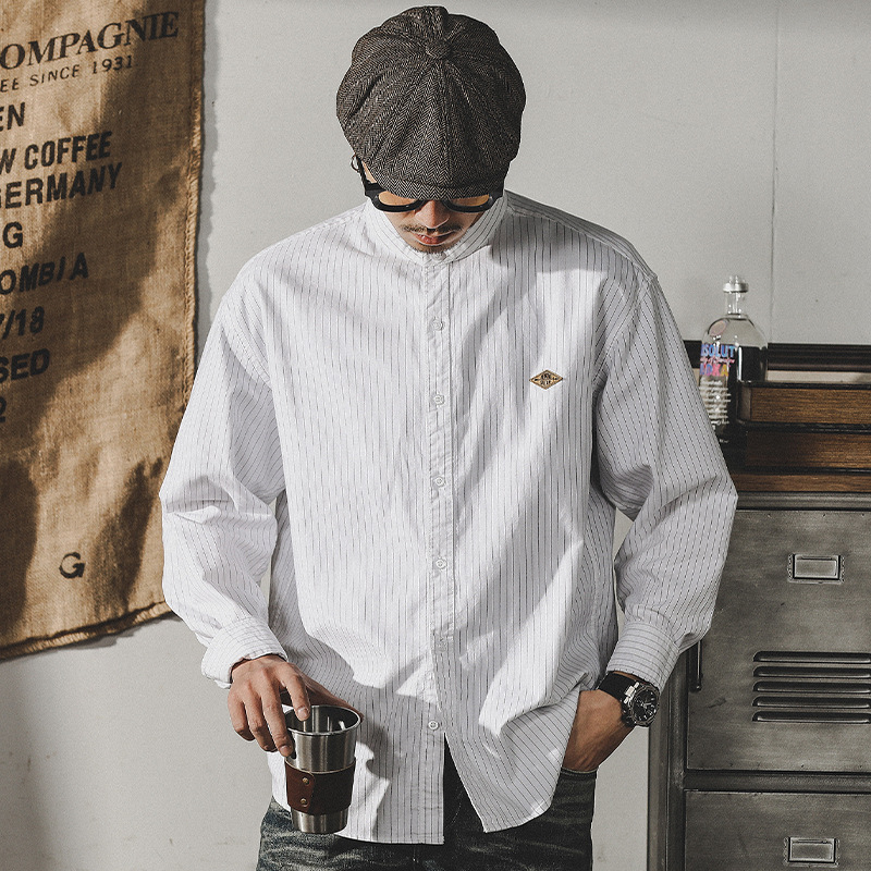 杰雷諾美式簡約白色立領襯衫男2024春季工裝長袖外套寬鬆休閒襯衣