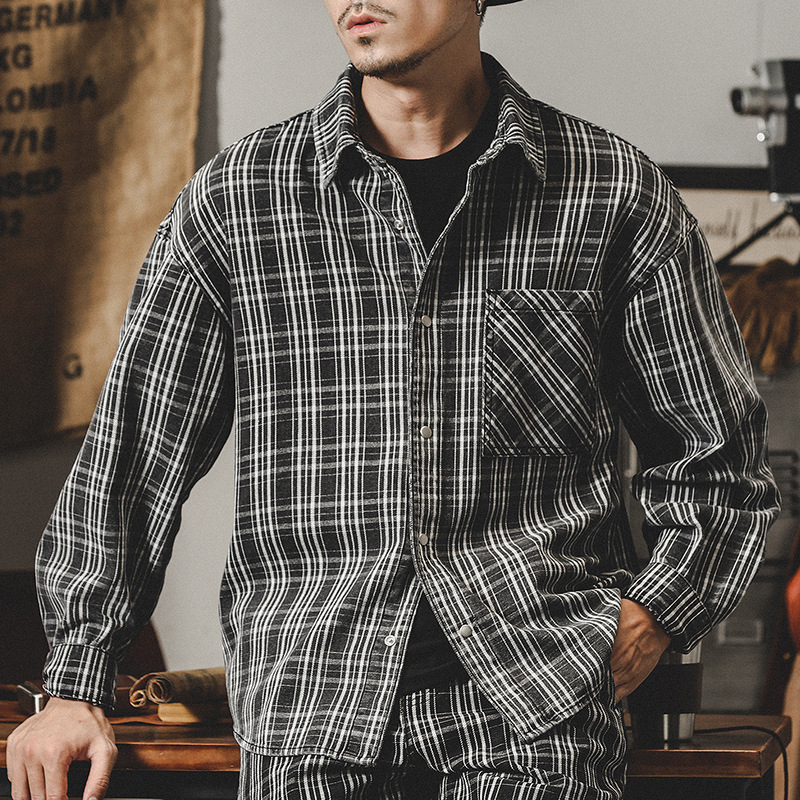 傑雷諾美式經典格子襯衫男長袖日系潮牌格紋襯衣外套男春秋款衣服