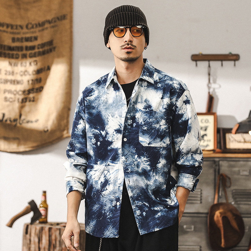 國風水墨長袖襯衫男春季2025新款潮牌高級感紮染印花襯衣外套春秋