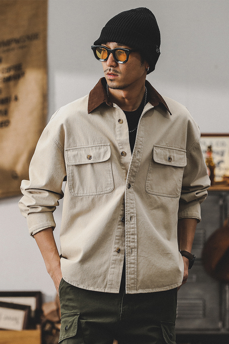 美式復古工裝襯衫男長袖寬鬆潮牌硬漢獵裝夾克男春季襯衣男士外套