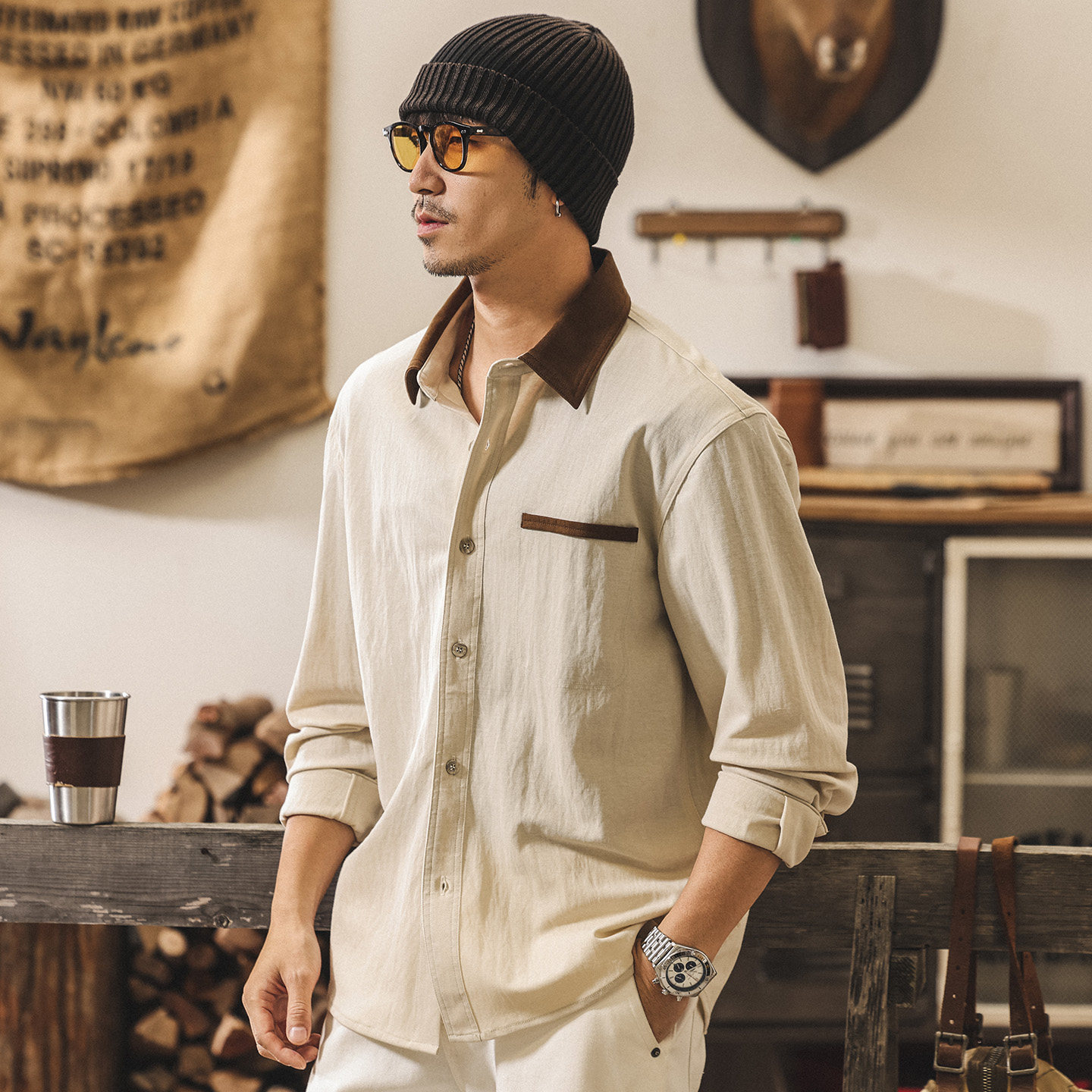 萊賽爾透氣垂感長袖襯衫男春季外套2026新款美式復古潮流男裝襯衣