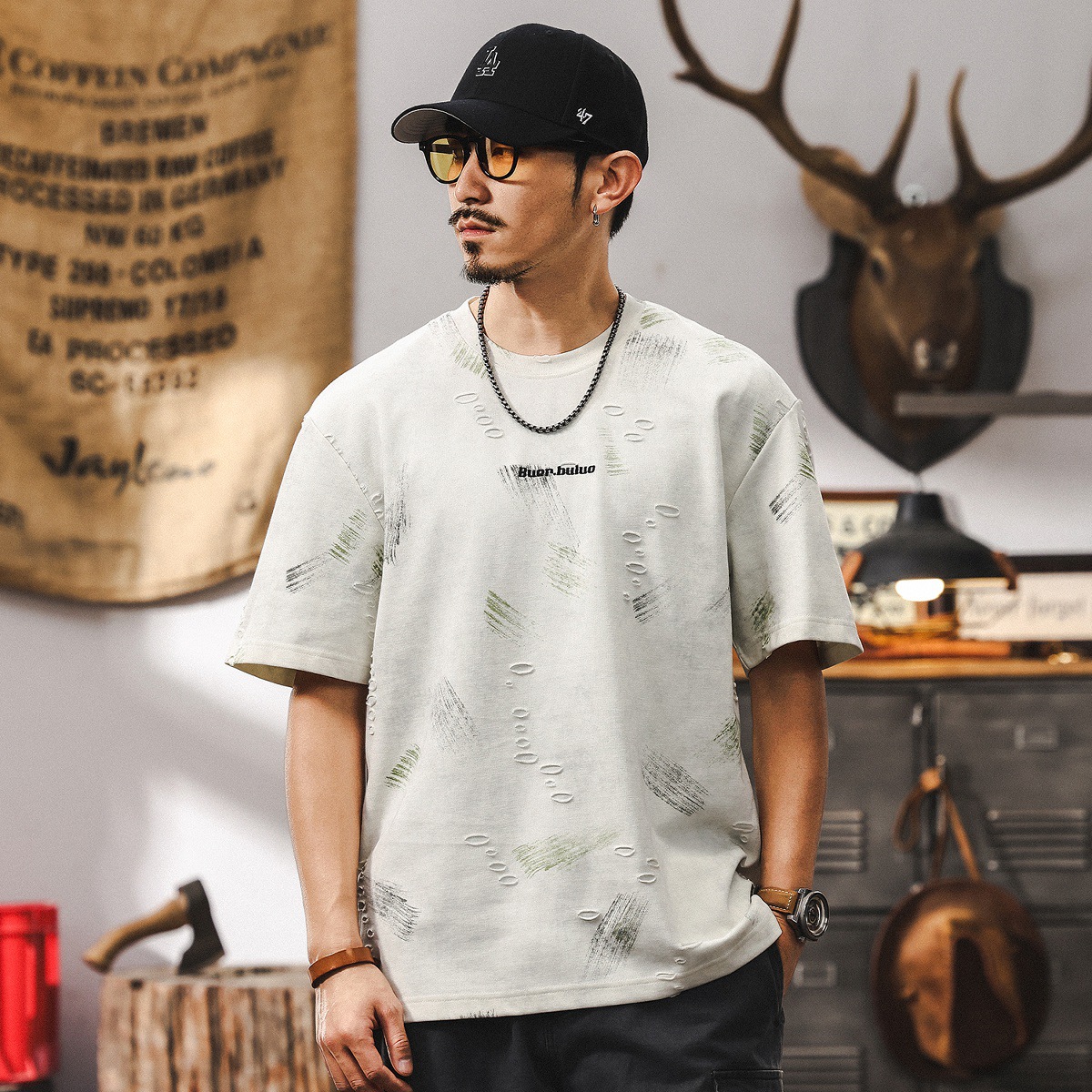 美式重磅復古夏季T恤男士短袖潮流破洞雲染高級感半截袖男裝體恤