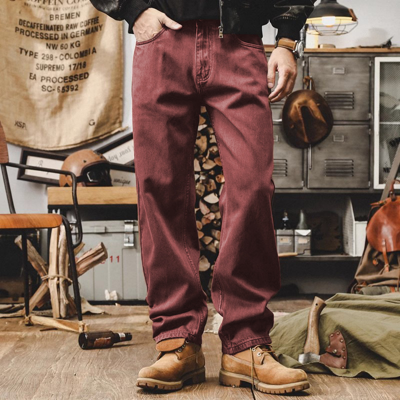 美式復古紫色牛仔褲男寬鬆直筒重磅工裝褲子男秋季丹寧潮流休閒褲