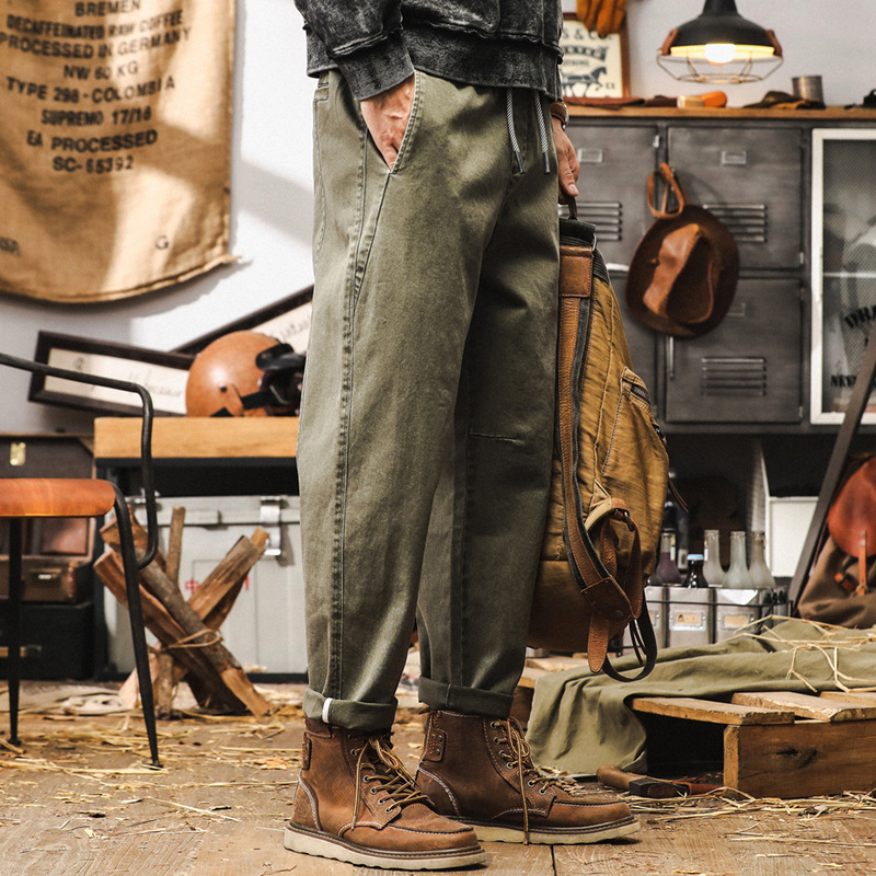 美式復古斜紋休閒褲男秋季潮牌經典寬鬆百搭長褲男士綠色工裝褲子